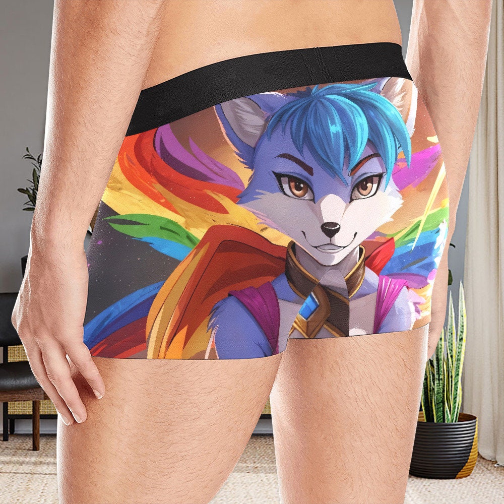 Backcover : Boxer Shorts Unisex Furry crystal Fox Blue Fox Starfox Cute Fursona Rainbow Psychedelic Underwear All Over Print Boxer Briefs