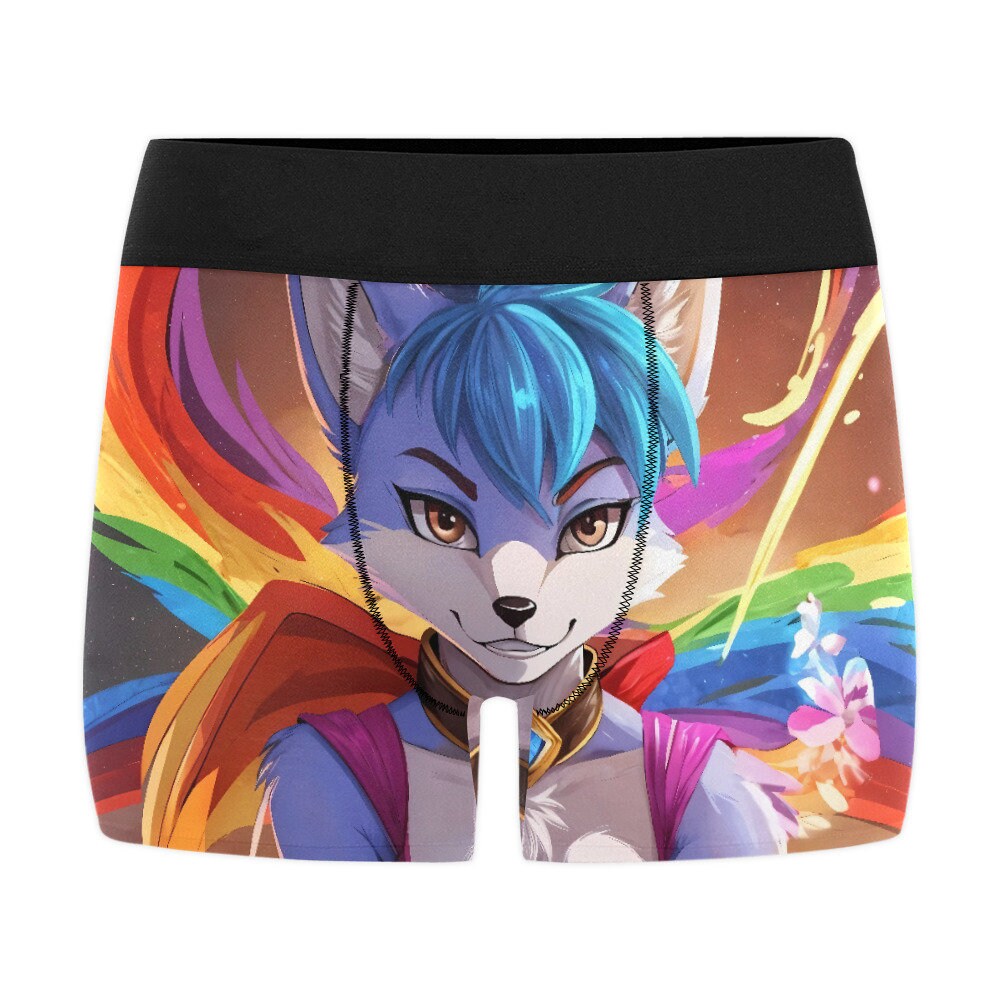 Front : Boxer Shorts Unisex Furry crystal Fox Blue Fox Starfox Cute Fursona Rainbow Psychedelic Underwear All Over Print Boxer Briefs