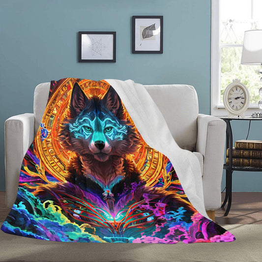 Frontcover : Ultra-soft microfleece blanket Furry Wolf Canine Male Psycedelic Colorful Orange Bedspread Bedspread Beach Blanket