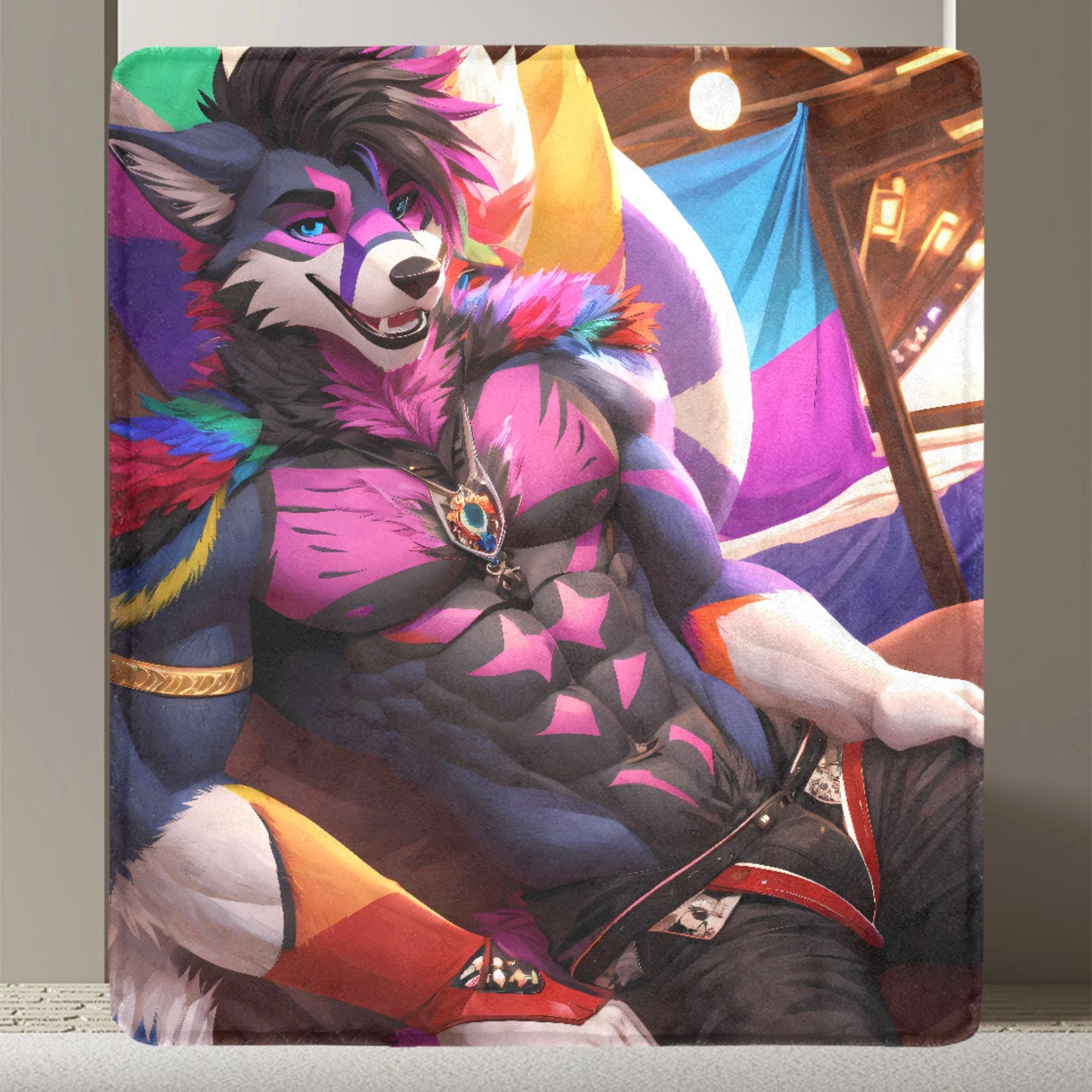 Complete Print on Blanket : Anthro Hot-Furry and sexy LGBTQ  Pride Furry Fantasy blanket, bed, fleece, soft, warm, bedspread, beach, furry, gay,wolf, fursona, dog
