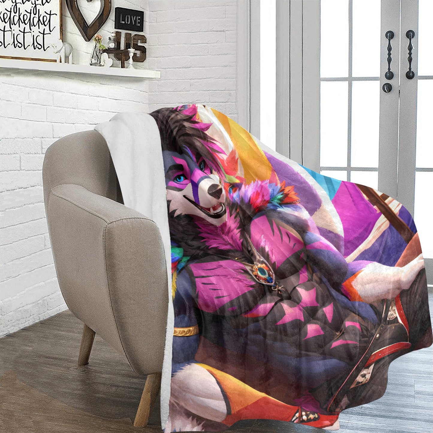 Living Room with Blanket : Ultra-soft Microfleece Blanket Furry Male Gay Masculine Wolf Dog Canine Purple Pink Bedspread Bedspread Beach Blanket Anthro Hot-Furry and sexy LGBTQ  Pride Furry Fantasy