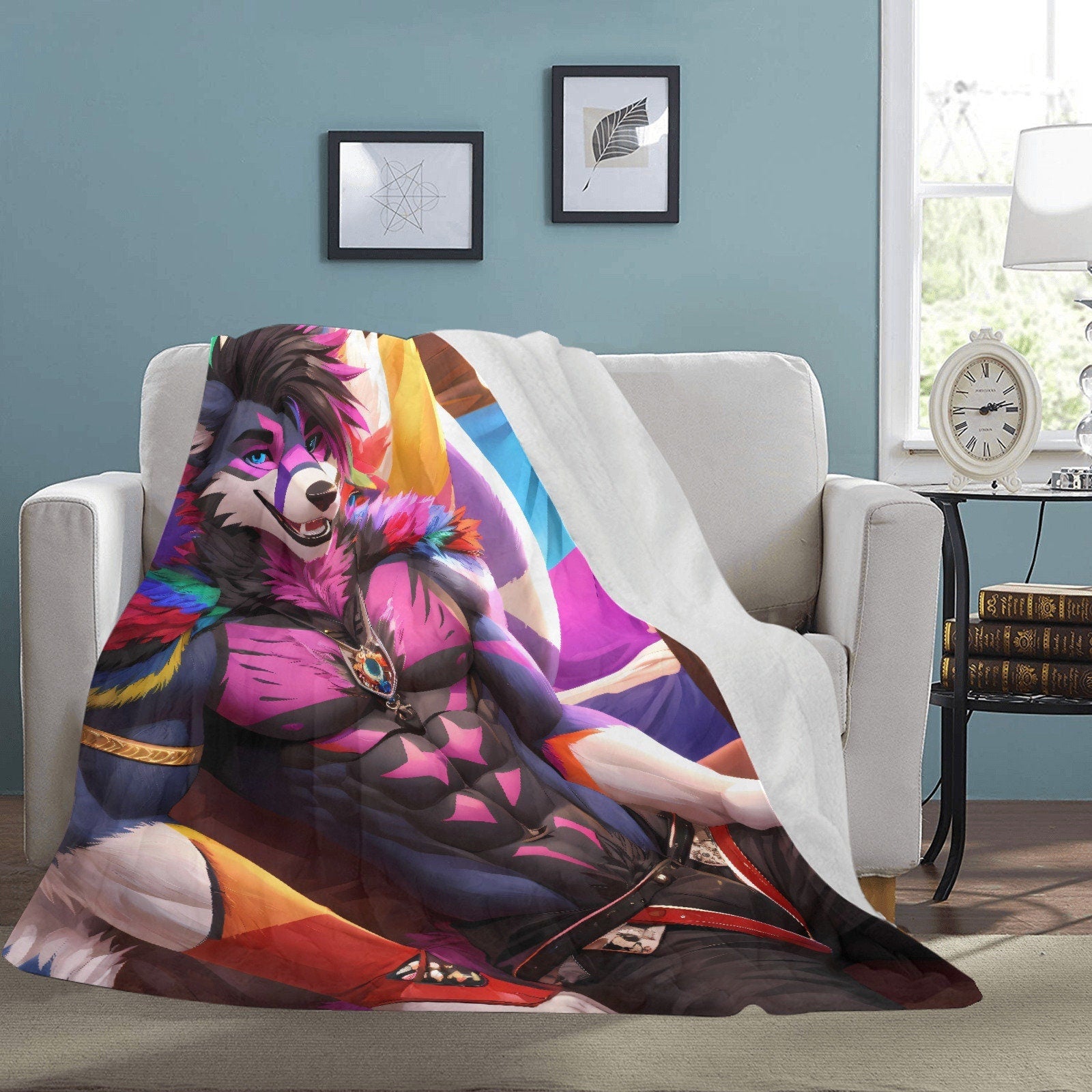 Frontcover : Ultra-soft Microfleece Blanket Furry Male Gay Masculine Wolf Dog Canine Purple Pink Bedspread Bedspread Beach Blanket Anthro Hot-Furry and sexy LGBTQ  Pride Furry Fantasy