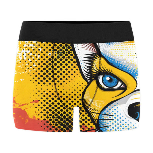 Frontcover: Men&#39;s Unisex Underwear Boxer Shorts Furry Pop Art Fursona Wolf Sport SFW Yellow White All Over Print Boxer Briefs