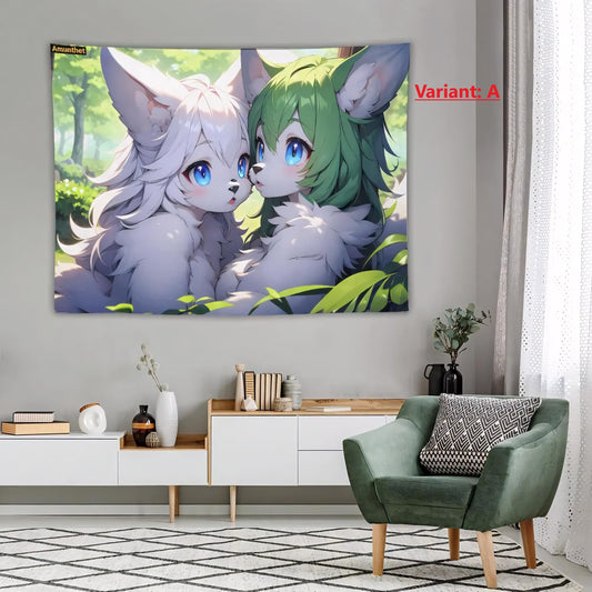 Frontcover : UHD Tapestry Wallcloth Furry Girl Female Fox Anthro Sweet Sisters White SFW Anime Fursona Wall Hanging Throw Bedspread