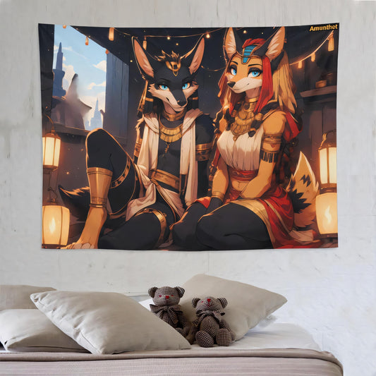Bedroom : UHD Wall Tapestry Furry Couple Female Male Jackal Anubis Egyptian SFW Black Red Gold Wall Hanging Tapestry Blanket Throw