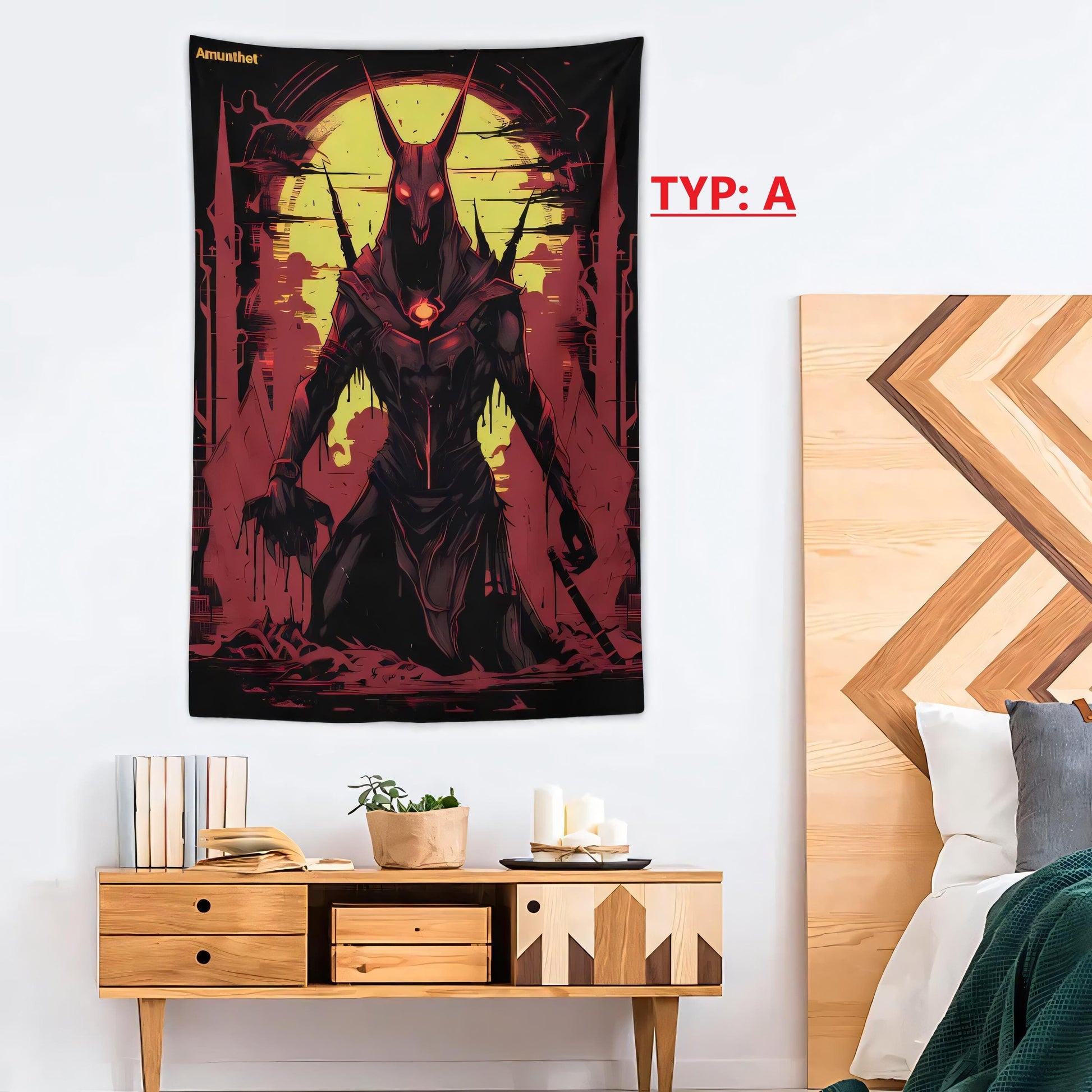 Frontcover Typ A : UHD Wandtuch Gothic Furry Darkart Okkult Dämon Schakal Satan Anubis Wandbehang Tapestry Wandteppich Überwurf Bettdecke Dämon