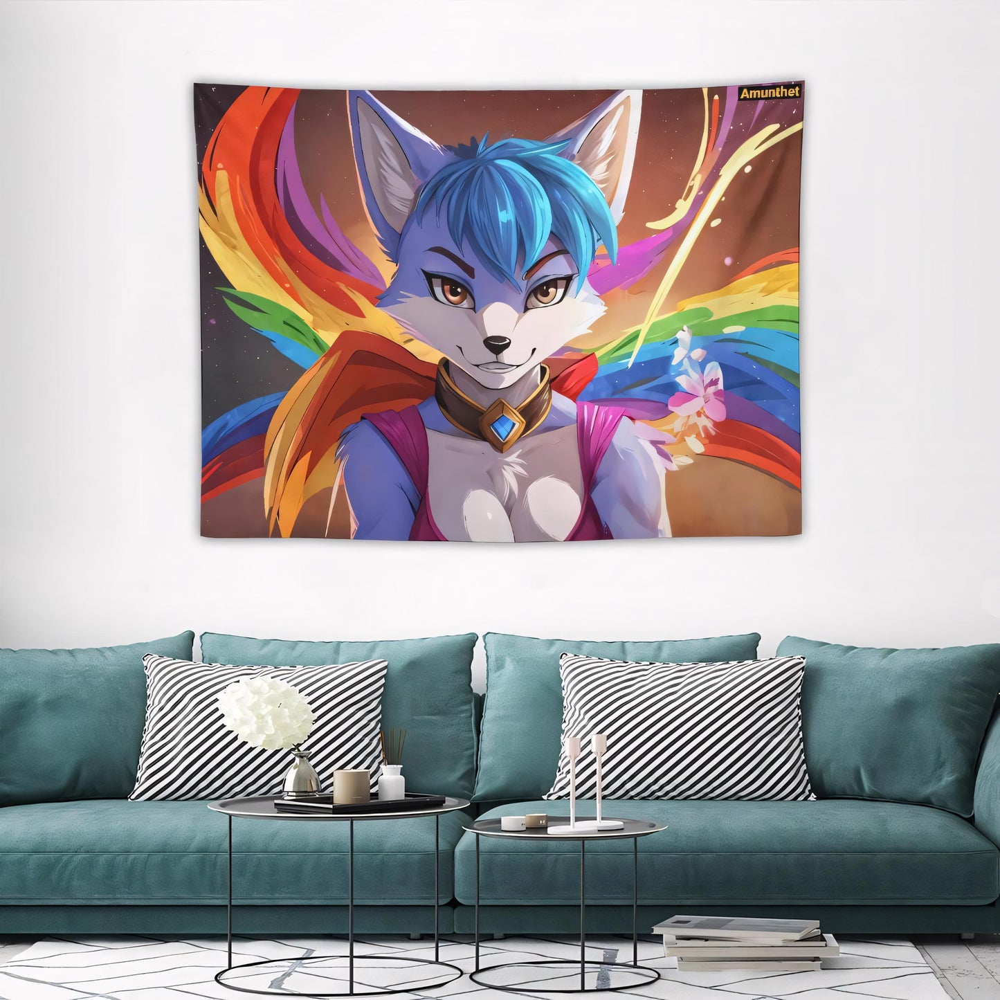UHD Wandtuch Kyrstal Fox from Starfox blauer Fuchs Furry Fursona Regenbogen Wandbehang Tapestry Wandteppich Überwurf Bettdecke Porträt