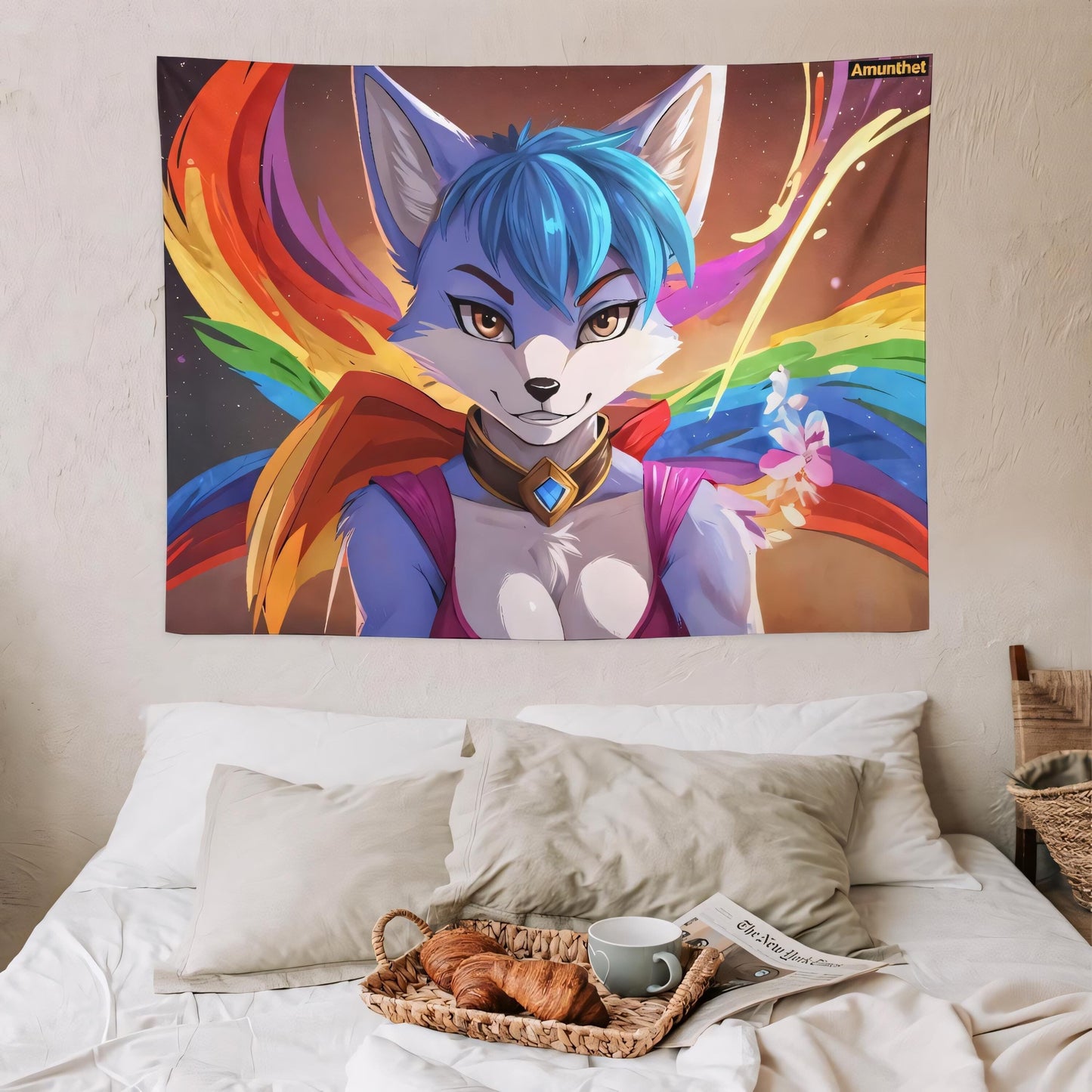 UHD Wall Tapestry Crystal Fox from Starfox Furry Fursona Blue Fox Rainbow Wall Hanging Tapestry Blanket Throw Portrait