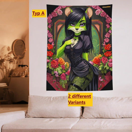 Typ-A : UHD Wall Tapestry Furry Green Rat Portrait Gothic Emo SFW Painting Fursona Furry Floral Wall Hanging Tapestry Blanket Throw