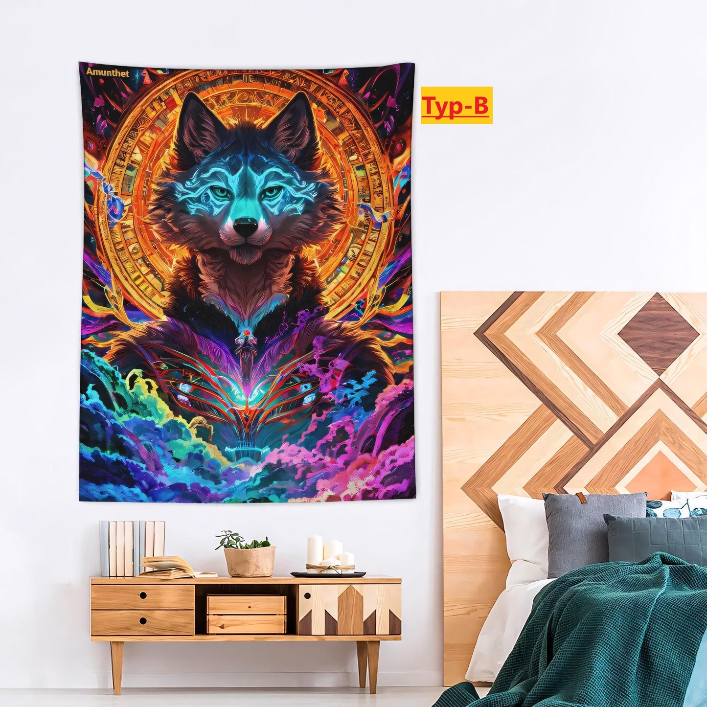 Typ-B Psy-Wolf Potrait epic wolf : UHD wall tapestry furry wolf canine psychedelic Psy Goa Psytrance Partydecoration fursona SFW wall hanging tapestry wall carpet throw blanket Amunthet