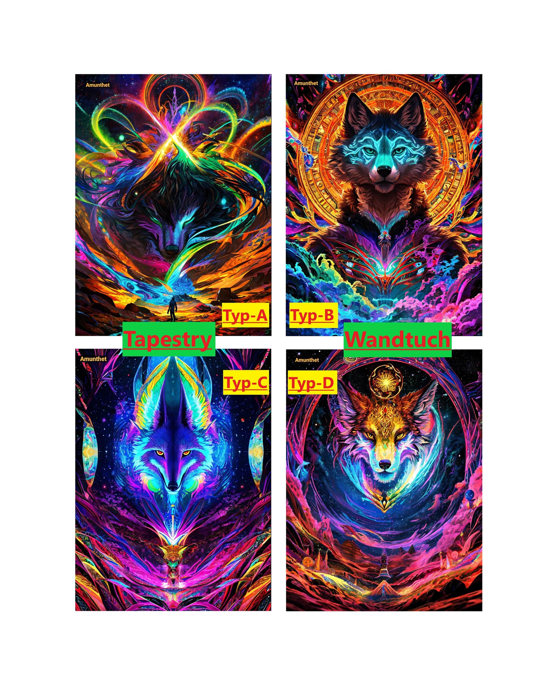 Frontcover All-Types Wallhanging Tapestry : UHD wall tapestry furry wolf canine psychedelic Psy Goa Psytrance Partydecoration fursona SFW wall hanging tapestry wall carpet throw blanket Amunthet Gods of Wolves