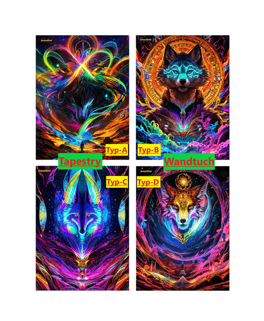 Frontcover All-Types Wallhanging Tapestry : UHD wall tapestry furry wolf canine psychedelic Psy Goa Psytrance Partydecoration fursona SFW wall hanging tapestry wall carpet throw blanket Amunthet Gods of Wolves