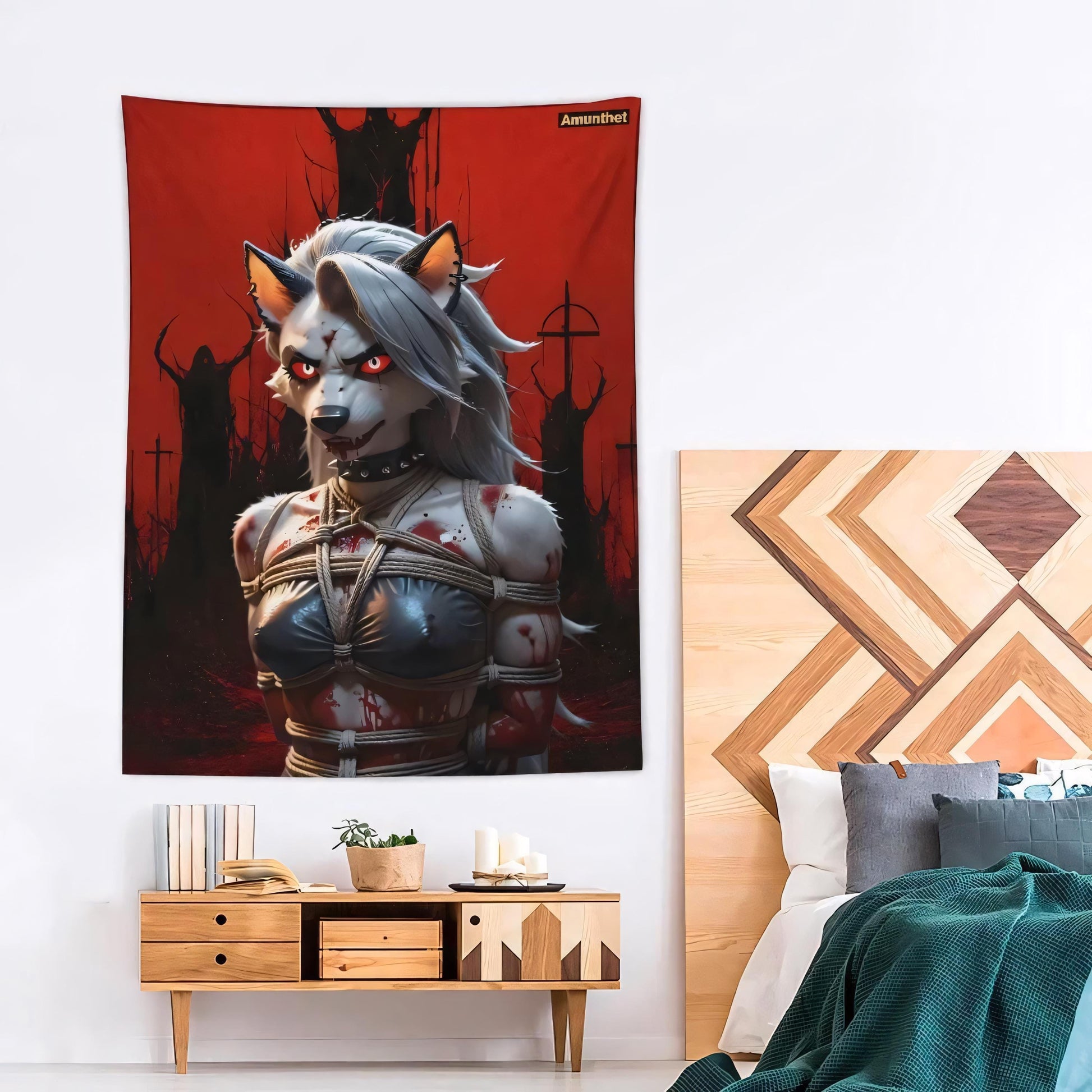 UHD Wall Cloth Furry Loona Helluva Boss Bondage Gore Satanic White Vixen Sexy Wall Hanging Tapestry Tapestry Throw Bedspread yiff halsband Furry Loona Helluva Boss Bondage-Seile Splatter Okkult Weiße Füchsin Sexy Bdsm Gothic blood vore