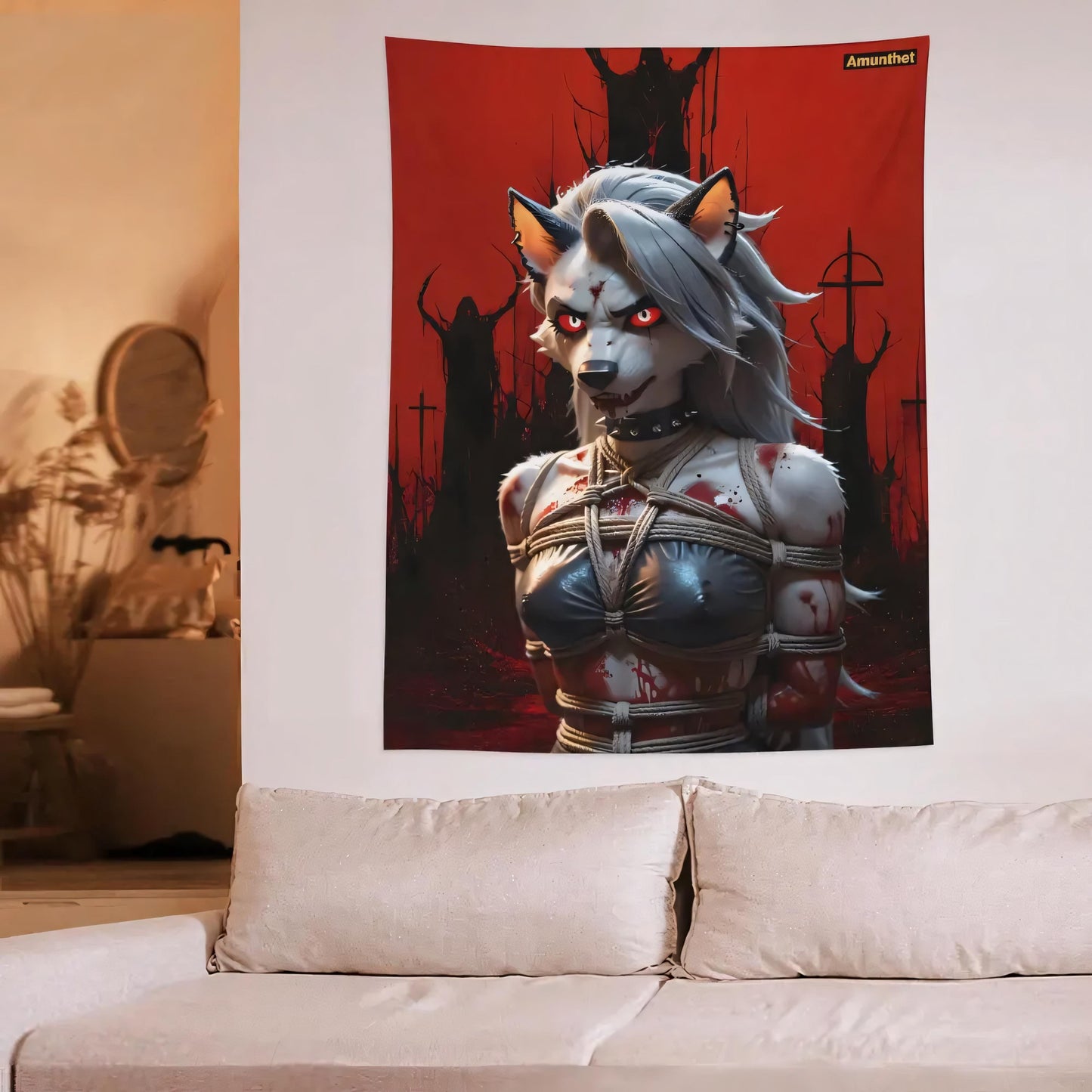 halsband Furry Loona Helluva Boss Bondage-Seile Splatter Okkult Weiße Füchsin Sexy Bdsm Gothic UHD Wall Cloth Furry Loona Helluva Boss Bondage Gore Satanic White Vixen Sexy Wall Hanging Tapestry Tapestry Throw Bedspread yiff