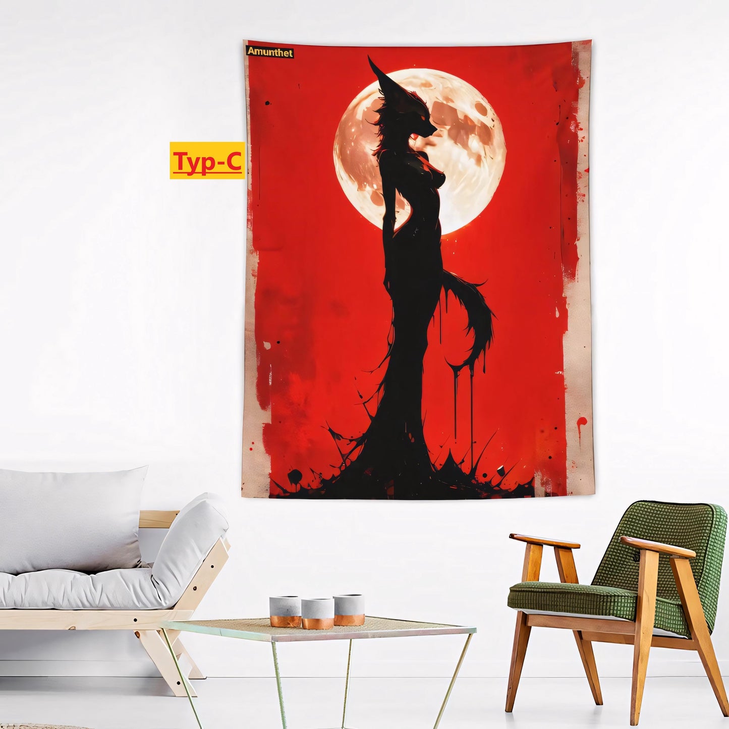 Typ-C : Furry-Art Anthro Hot-Furry and sexy LGBTQ Pride Furry Fantasy Adult-Art Gothic Dark Art schwarz rot gold gothic dark art skinny demon wandtuch wall hanging tapestry throw bedspread UHD wall cloth furry wolf under the full moon sexy black red gold Furry Wolf unterm Vollmond Sexy