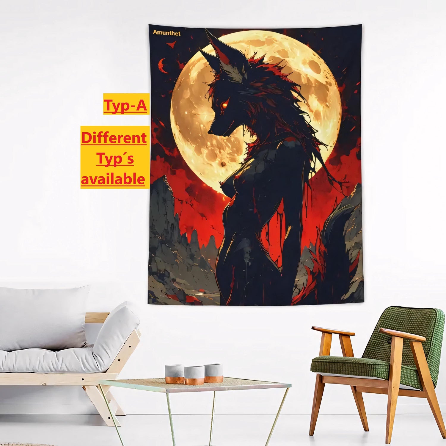 Typ-A : UHD wall cloth furry wolf under the full moon sexy gothic dark art black red gold wall hanging tapestry throw bedspread  Furry Wolf unterm Vollmond Sexy Furry-Art Anthro Hot-Furry and sexy LGBTQ Pride Furry Fantasy Adult-Art Gothic Dark Art schwarz rot gold