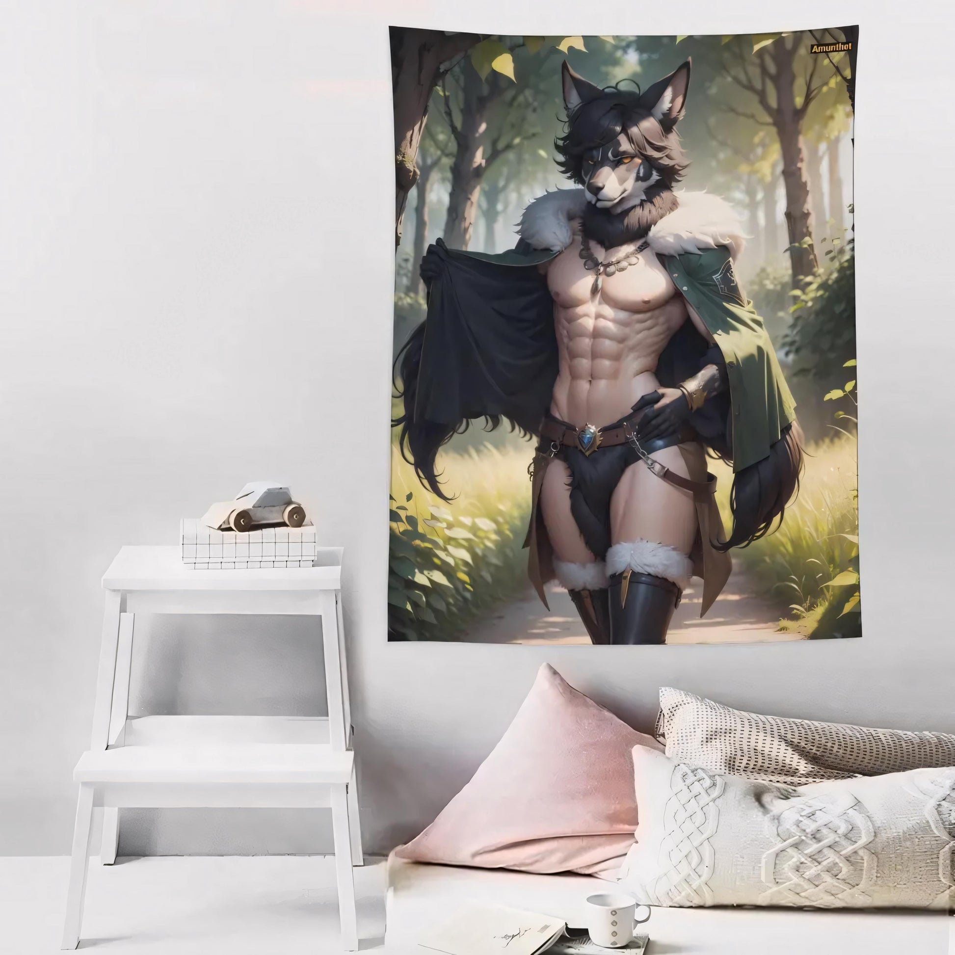 UHD Wall Cloth Furry Gay Masculine Mittelalter Larp Waldläufer Wald Starker Wolf Canine Medieval Larp Ranger Forest Strong Wolf Canine sexy yiff Wall Hanging Tapestry Tapestry Bedspread Furry Gay Maskulin Furry-Art Anthro Hot-Furry and sexy LGBTQ Pride Furry Fantasy Adult-Art