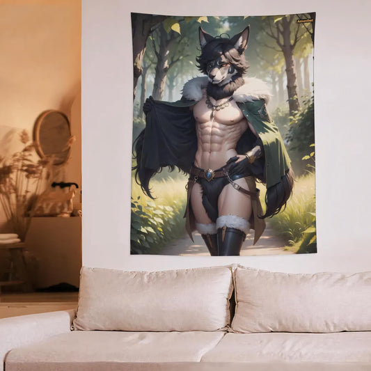 UHD Wall Cloth Furry Gay Masculine Medieval Larp Ranger Forest Strong Wolf Canine sexy Wall Hanging Tapestry Tapestry Bedspread Furry Gay Maskulin Mittelalter Larp Waldläufer Wald Starker Wolf Canine Furry-Art Anthro Hot-Furry and sexy LGBTQ Pride Furry Fantasy Adult-Art