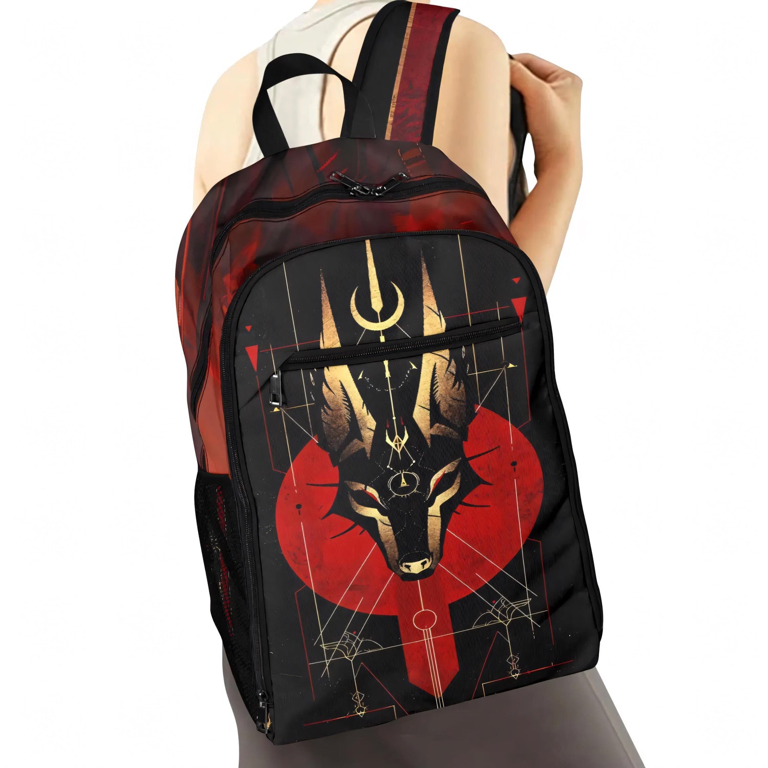Frontcover : Robuster Freizeit Sport Rucksack mit Vielen Taschen in HD-Print Furry Fandom Tiermotiv Anubis Schakal im Japanisch oder Okkult Gothic Stil pelzig Ägyptisch Aufgehende Sonne Animetier