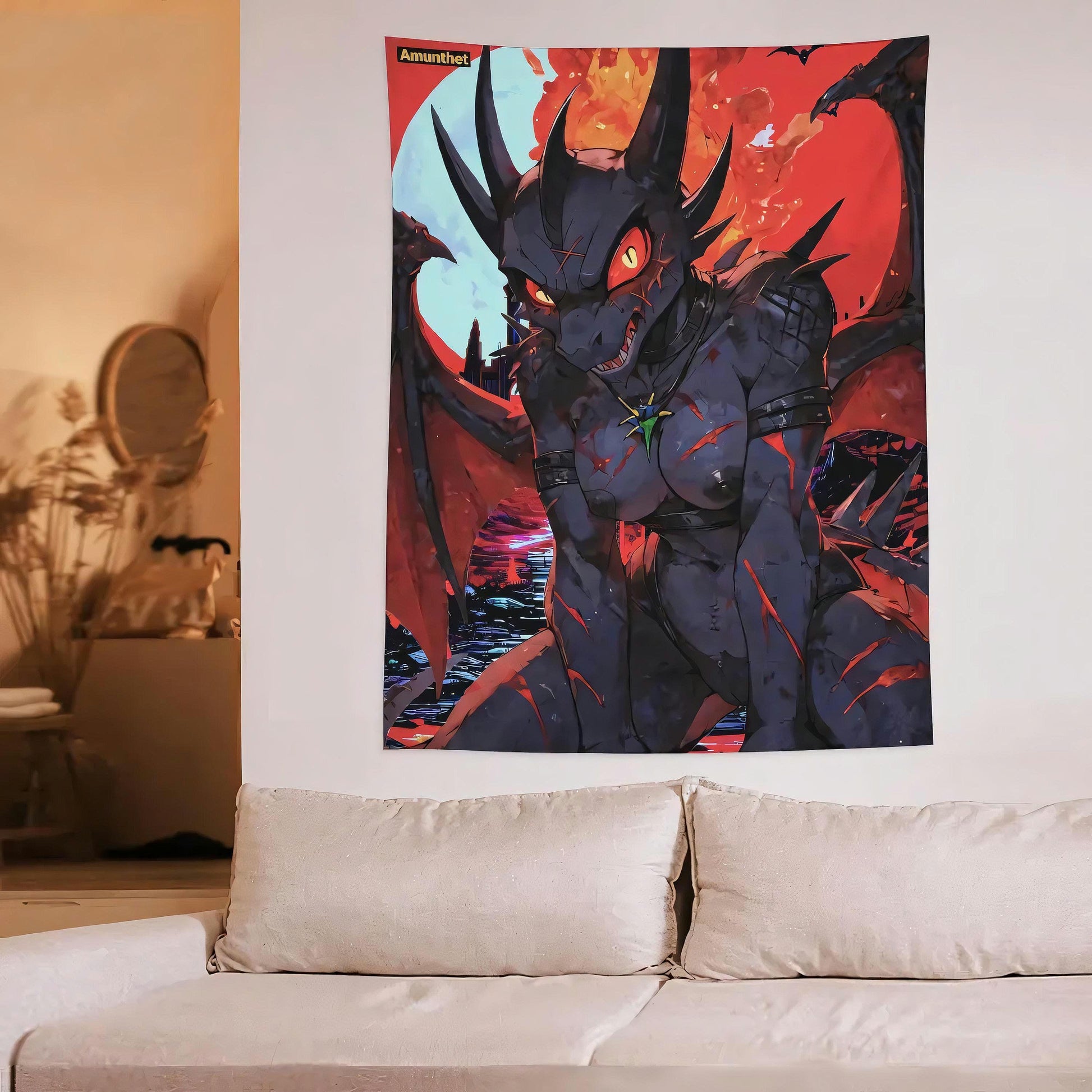 UHD Wall Tapestry Furry Dragon Cynder Succubus Demon Occult Gore Gothic Yiff Sexy Fursona Wall Hanging Blanket Bedspread