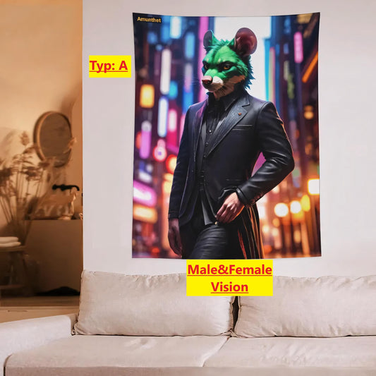 Typ-A : UHD Wall Tapestry Furry Realistic Green Rat Male Female Hot Cyberpunk City Lights Wall Hanging Tapestry Throw Blanket gothic