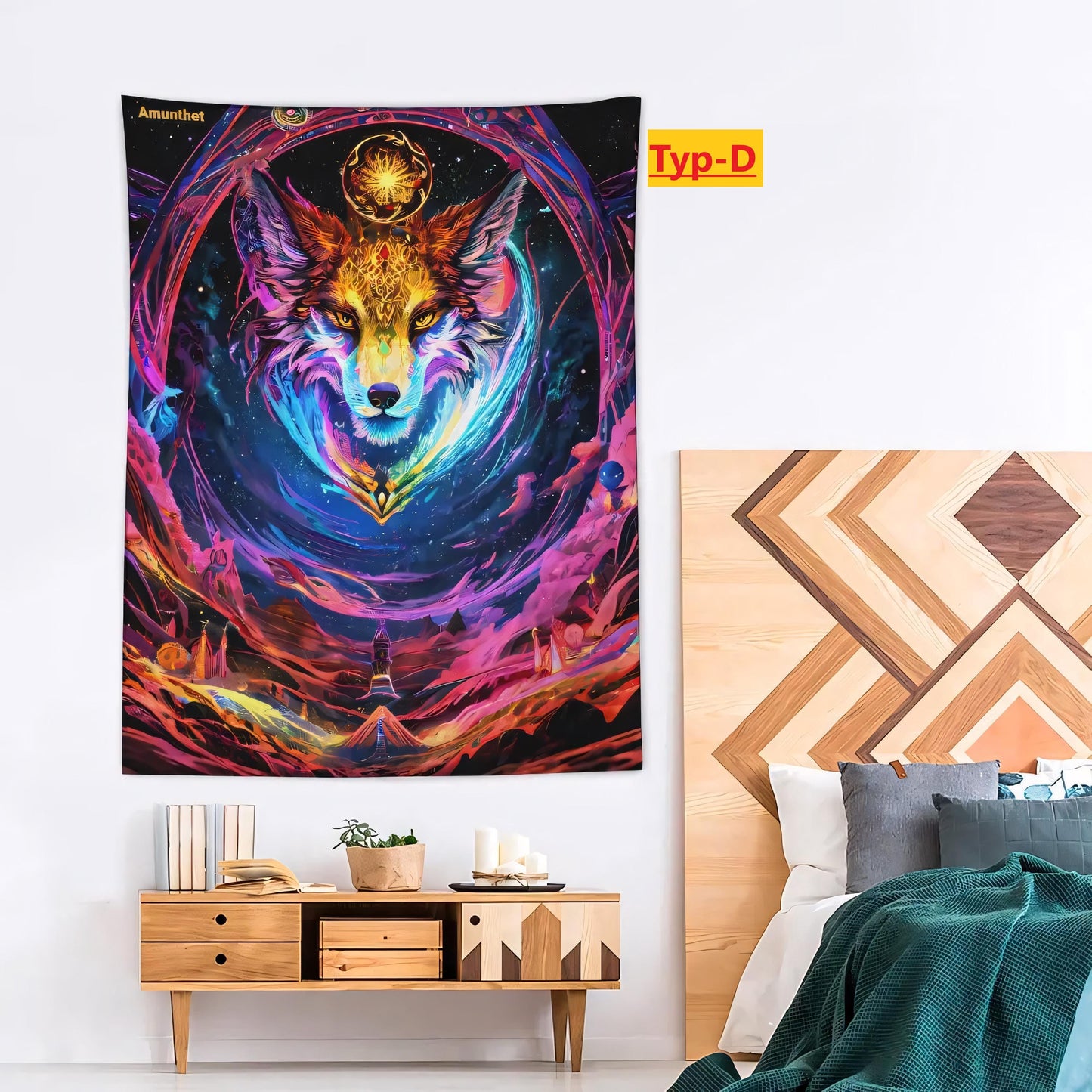 Typ-D The God of Wolfes Epic Canine on a Psychedelic World : UHD wall tapestry furry wolf canine psychedelic Psy Goa Psytrance Lsd Alice Acid Partydecoration fursona SFW wall hanging tapestry wall carpet throw blanket Amunthet