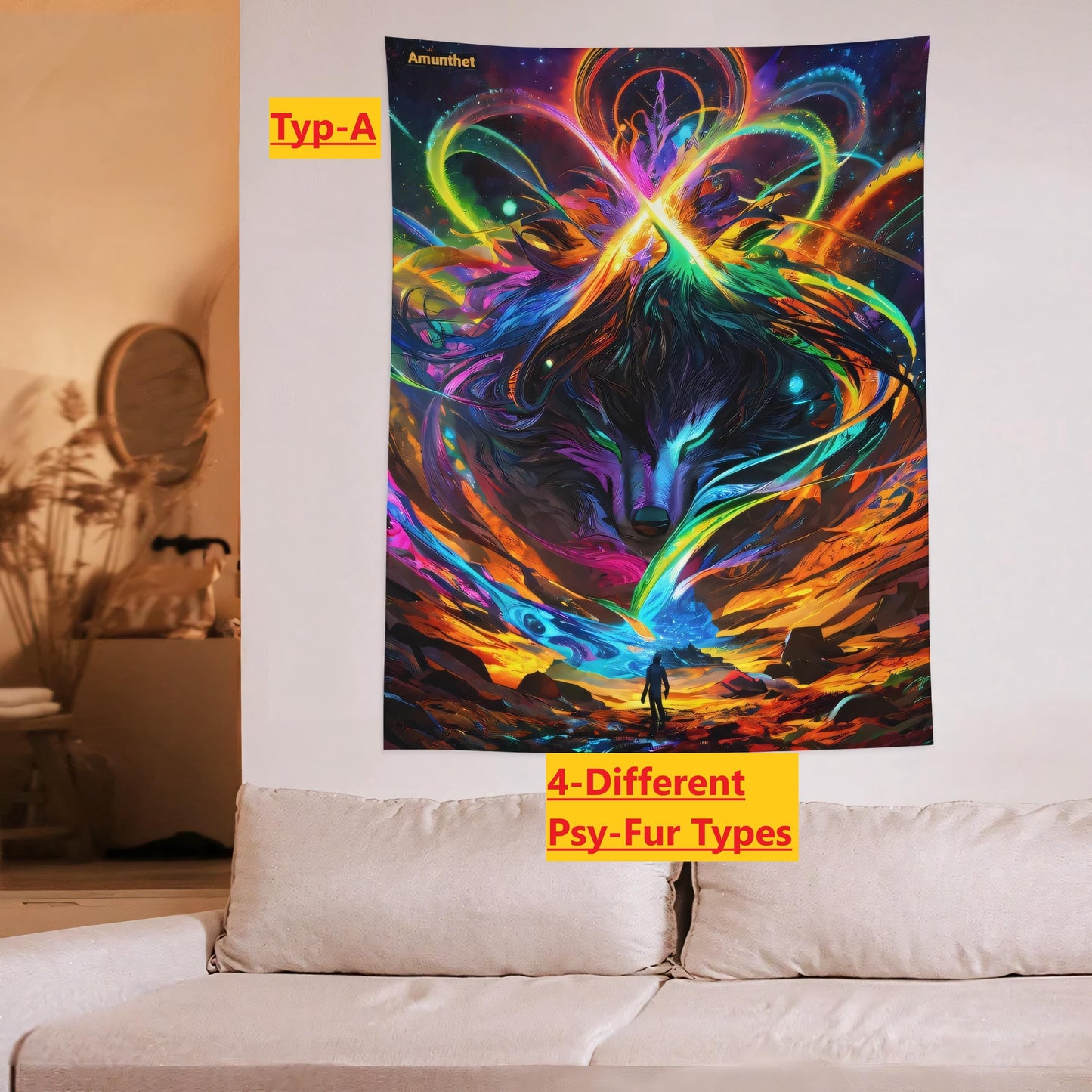 Typ-A Wolf out of Space : UHD wall tapestry furry wolf canine psychedelic Psy Goa Psytrance Lsd Alice Acid Partydecoration fursona SFW wall hanging tapestry wall carpet throw blanket Amunthet