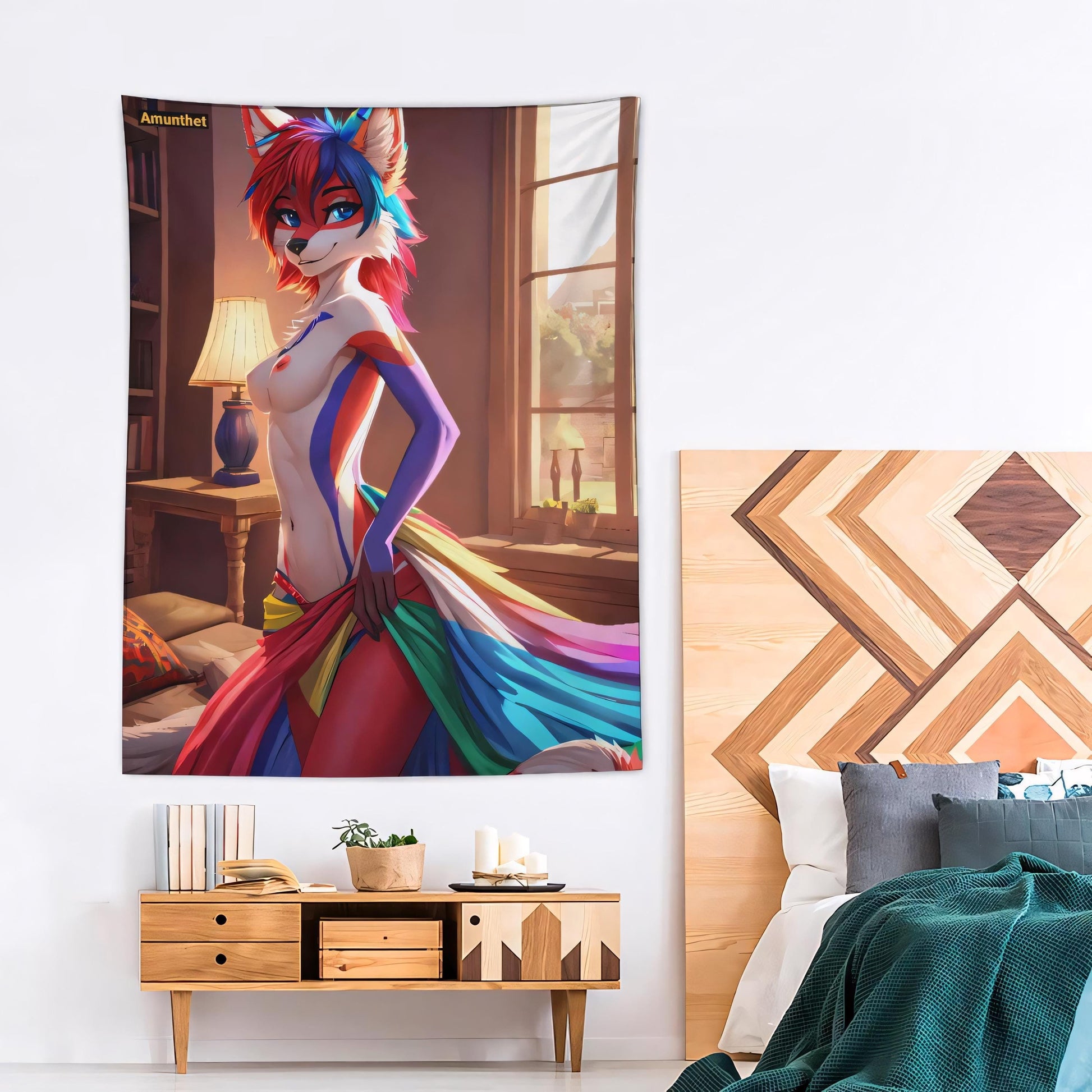 Typ-A : UHD Wall Tapestry Hot Furry Red White Fox Sexy Furry-Art Anthro Hot-Furry and sexy LGBTQ Pride Furry Fantasy Adult-Art Hot Furry Rot Weiß Fuchs Sexy Regenbogen Fursona Cartoon regenbogen Wandbehang Wandteppich Rainbow Fursona Cartoon Rainbow Wall Hanging Tapestry Throw UHD Wandtuch