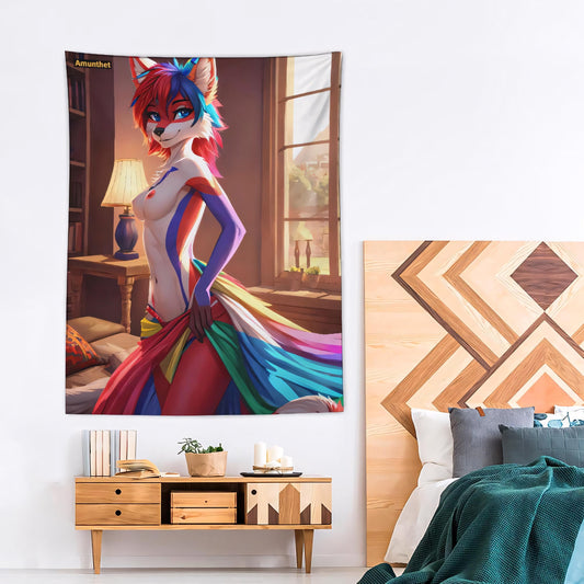 Typ-A : UHD Wall Tapestry Hot Furry Red White Fox Sexy Furry-Art Anthro Hot-Furry and sexy LGBTQ Pride Furry Fantasy Adult-Art Hot Furry Rot Weiß Fuchs Sexy Regenbogen Fursona Cartoon regenbogen Wandbehang Wandteppich Rainbow Fursona Cartoon Rainbow Wall Hanging Tapestry Throw UHD Wandtuch