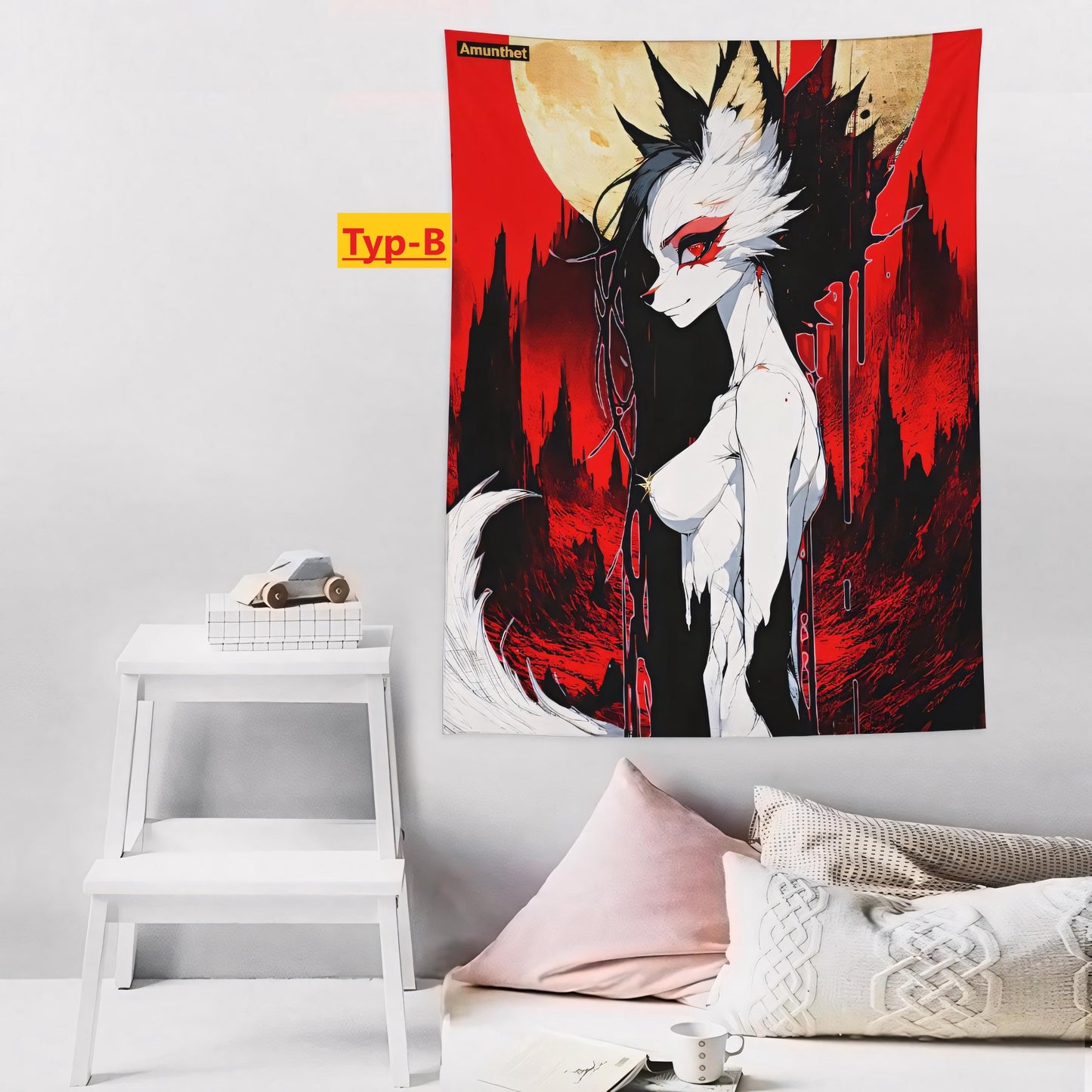 Typ B : UHD wall cloth furry wolf under the full moon sexy black red gold  Furry Wolf unterm Vollmond Sexy Furry-Art Anthro Hot-Furry and sexy LGBTQ Pride Furry Fantasy Adult-Art Gothic Dark Art schwarz rot gold gothic dark art skinny demon wandtuch wall hanging tapestry throw bedspread