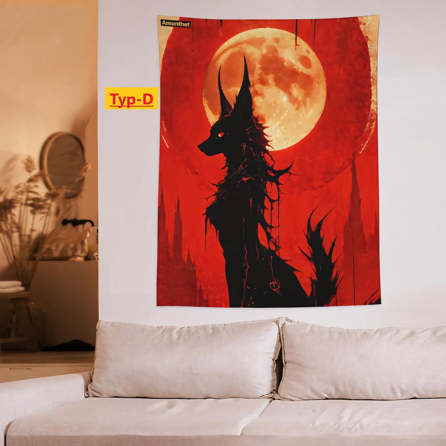 Typ-D : Nackt Gothic Dark Art schwarz rot gold Furry-Art Anthro Hot-Furry and sexy LGBTQ Pride Furry Fantasy Adult-Art gothic dark art skinny demon wandtuch wall hanging tapestry throw bedspread UHD furry wolf under the full moon sexy black red gold Furry Wolf unterm Vollmond Sexy Therian Otherkin