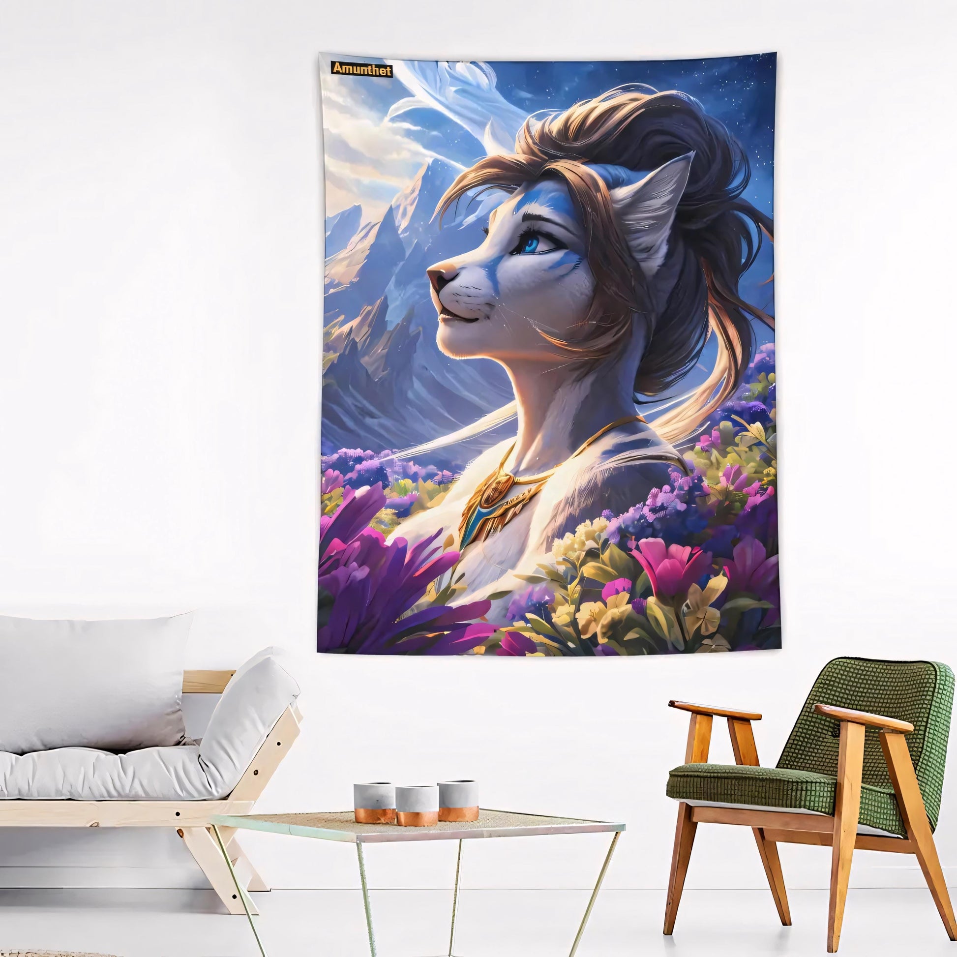 Lion, Female, Blue White, Portrait Furry,  personalisiert, deko, wandtuch, tapestry, girl, fursona, hübsch, Löwe, weiblich, blau weiß, Porträt Wallhanging UHD Wall Cloth furry Cat Fox Lion Portrait Blue With Landscape Fursona SFW Wall Hanging Tapestry Tapestry BedspreadUHD Wandtuch furry Katze Fuchs Löwe Porträt Blue With Landscape Fursona SFW Wandbehang Tapestry Wandteppich Überwurf Bettdecke Furry, Personalized, Decor, Tapestry, Girl, Fursona, Beautiful,