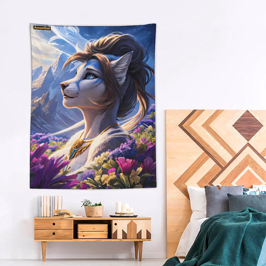 Furry, Personalized, Decor, Tapestry, Girl, Fursona, Beautiful, Lion, Female, Blue White, Portrait Furry,  personalisiert, deko, wandtuch, tapestry, girl, fursona, hübsch, Löwe, weiblich, blau weiß, Porträt Wallhanging UHD Wall Cloth furry Cat Fox Lion Portrait Blue With Landscape Fursona SFW Wall Hanging Tapestry Tapestry BedspreadUHD Wandtuch furry Katze Fuchs Löwe Porträt Blue With Landscape Fursona SFW Wandbehang Tapestry Wandteppich Überwurf Bettdecke