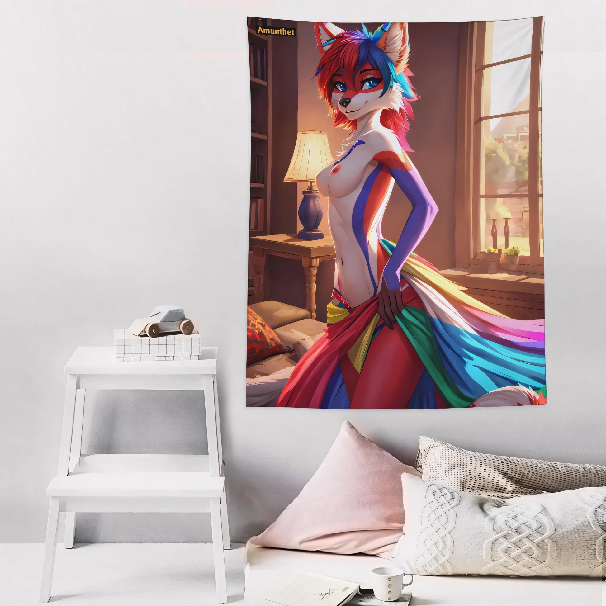 Typ-A : Furry-Art Anthro Hot-Furry and sexy LGBTQ Pride Furry Fantasy Adult-Art UHD Wall Tapestry Hot Furry Hot Furry Rot Weiß Fuchs Sexy Nude Red White Fox Sexy Rainbow Fursona Cartoon Rainbow Wall Hanging Tapestry Throw UHD Wandtuch Regenbogen Fursona Cartoon regenbogen Wandbehang Wandteppich