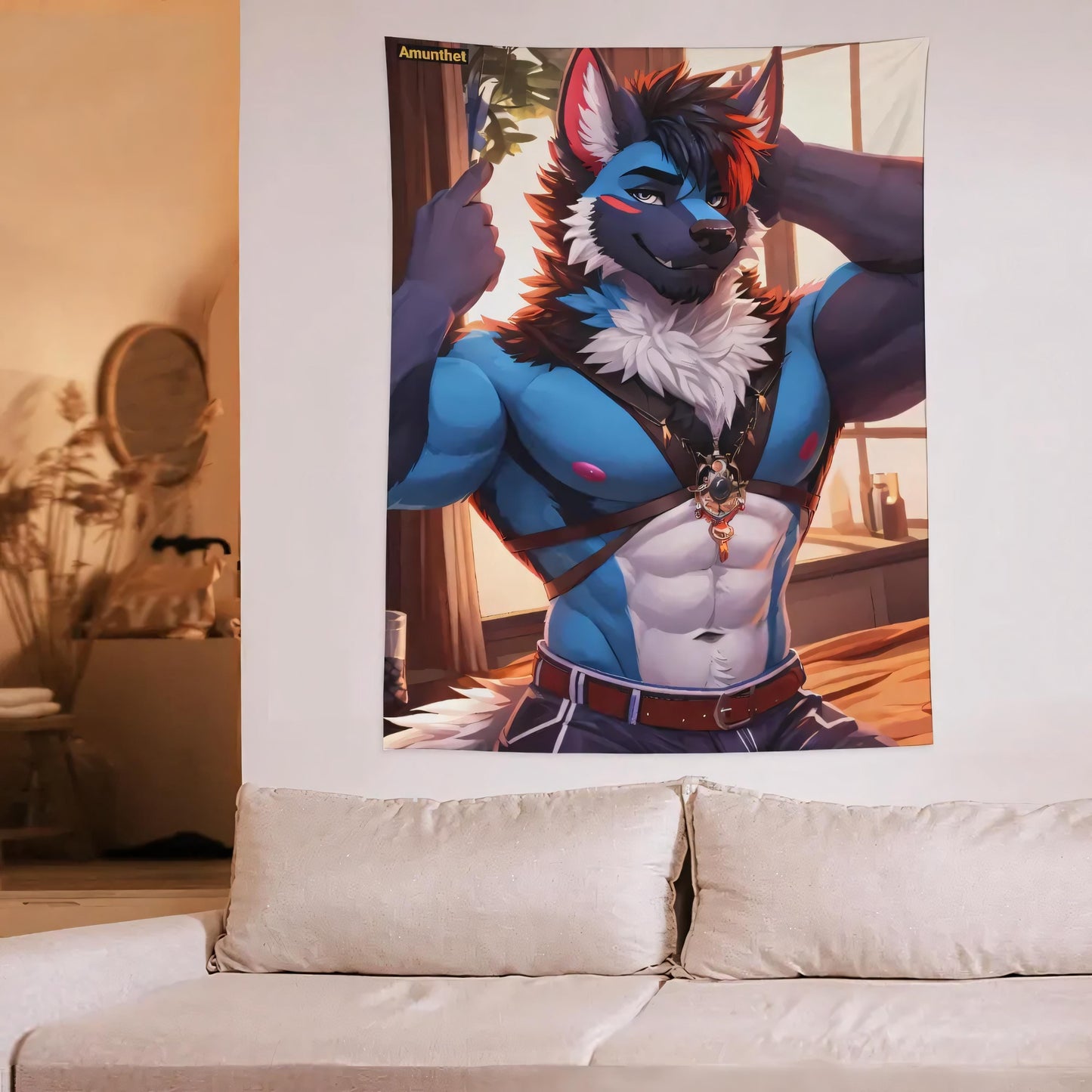 Typ-A : UHD Wandtuch Furry Gay Fursona Sexy Männlich blauer wolf Canine pelzig LGBTQ UHD Wall Tapestry Furry Gay Fursona Sexy Male Blue Wolf Canine Furry Wall Hanging Tapestry Blue LGBTQ Wandbehang Tapestry Wandteppich Überwurf Bettdecke Blau Furry-Art Anthro Hot-Furry and sexy LGBTQ Pride Furry Fantasy Adult-Art