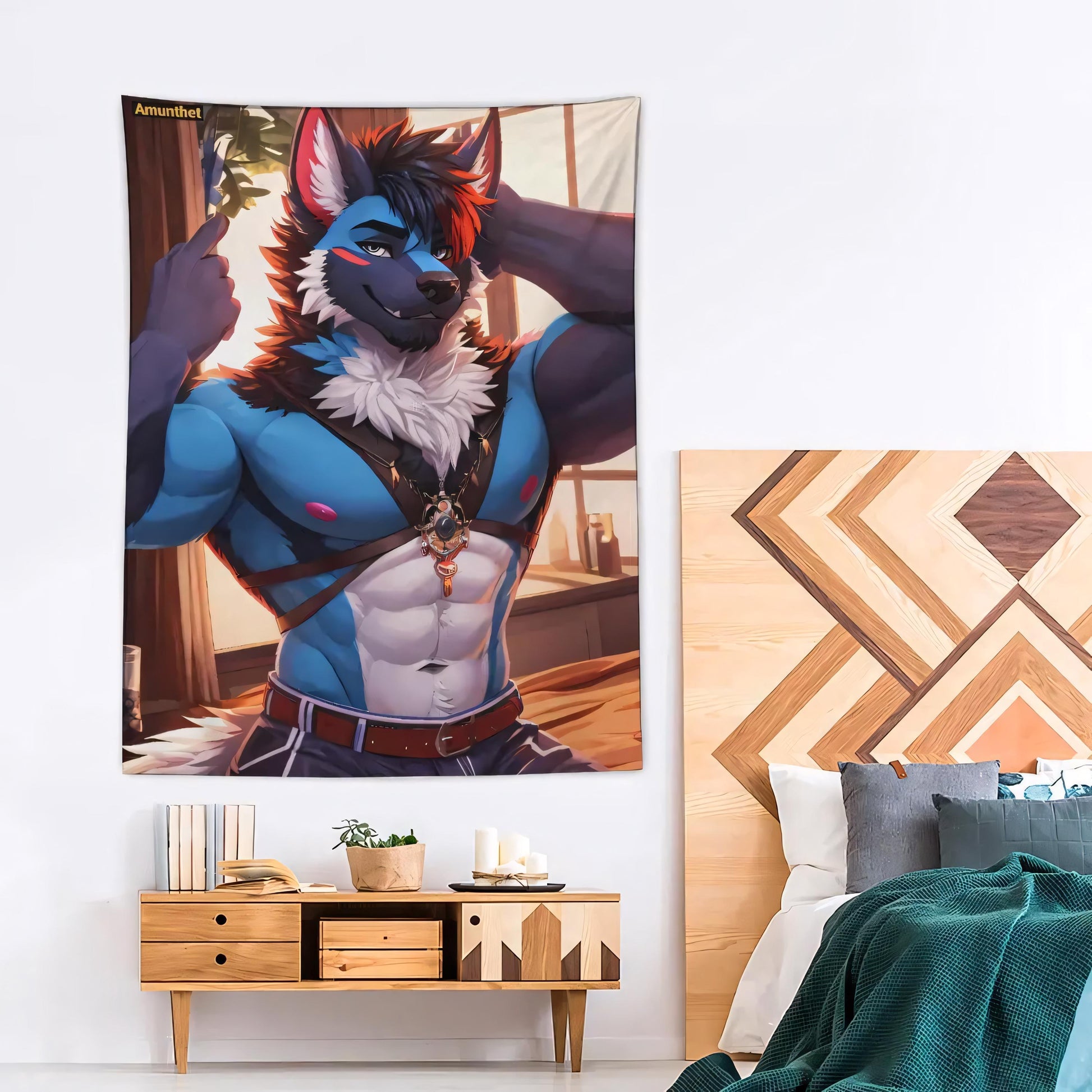 Typ-A : UHD Wandtuch Furry Gay Fursona Sexy Männlich blauer wolf Canine  pelzig Wandbehang Tapestry Wandteppich Überwurf Bettdecke Blau LGBTQ UHD Wall Tapestry Furry Gay Fursona Sexy Male Blue Wolf Canine Furry Wall Hanging Tapestry Blue LGBTQ Furry-Art Anthro Hot-Furry and sexy LGBTQ Pride Furry Fantasy Adult-Art